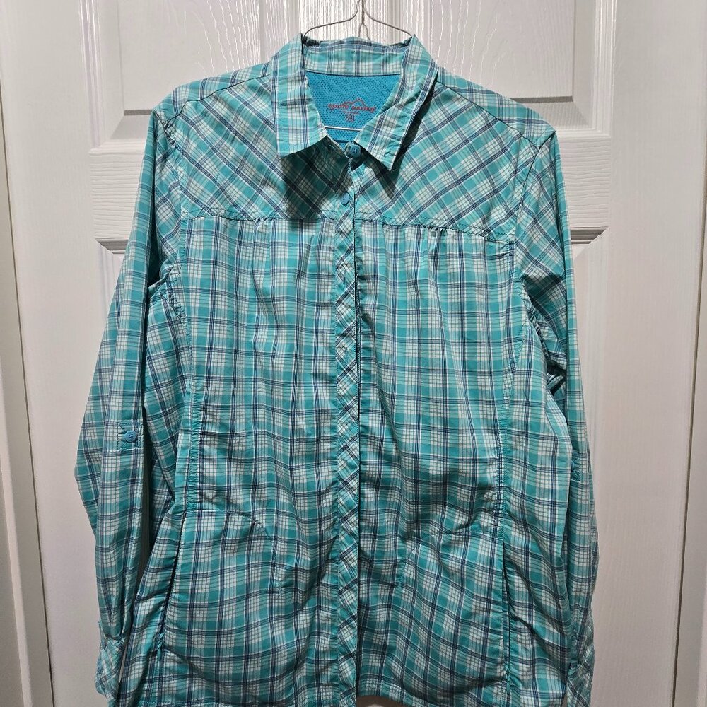 Eddie Bauer Women's 2XL LS Blue Plaid Shirt Boating Fishing Hiking Quick Dry